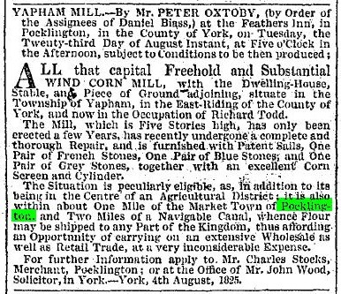 Yapham Mill sale in 1825